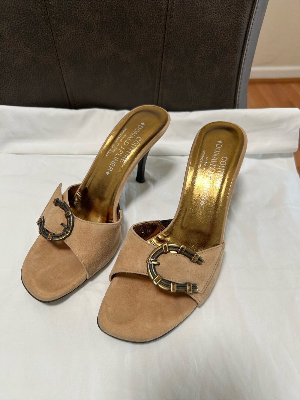 Donald J. Pliner Tan Suede Slide Heels with Gold Insoles - Picture 2 of 10